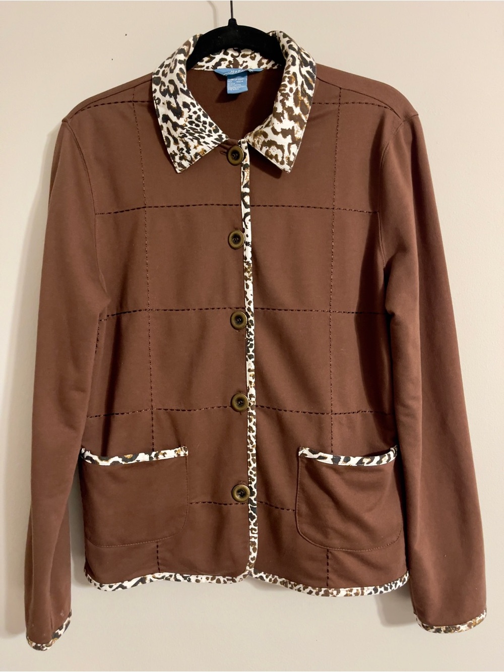 Vtg Napa Valley Knit Patchwork Button Up Top Sz S Animal Print Trim Boho Chic